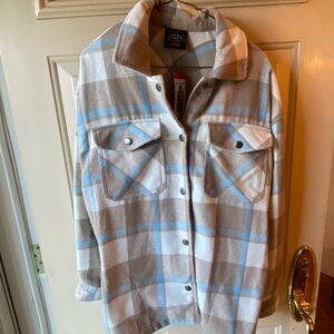 Cream and Blue Plaid Utility Jacket